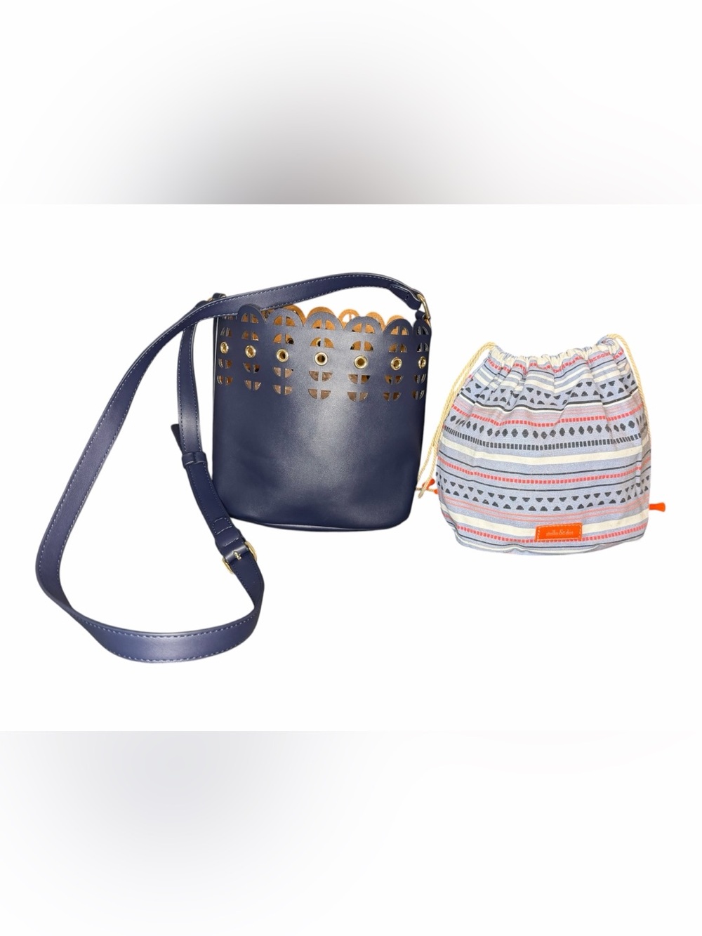 Stella & Dot Navy Laser-Cut Bucket Crossbody - Picture 2 of 5
